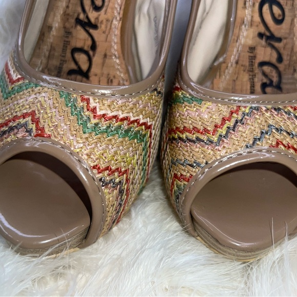 Italian Henry Ferrera Tan Y2K Peep Toe Wicker Wood Heels Stiletto Pumps 8 Italy - Picture 7 of 16